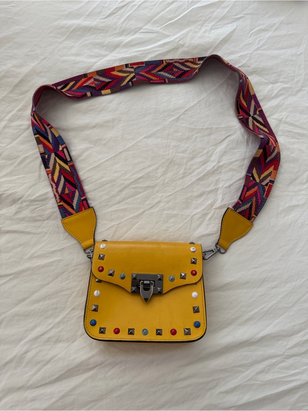 Genuine Leather Studded Crossbody Bag Guitar Strap Mustard Yellow Boho - Picture 4 of 9